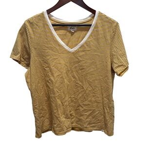 Pact Womens XL Mustard Yellow Striped Organic Cotton V-Neck Short Sleeve T-Shirt
